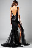 Vestido sirena de corbata negra con escote en V profundo y abertura