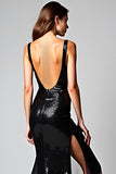 Vestido sirena de corbata negra con escote en V profundo y abertura