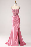 Vestido de fiesta de lentejuelas con correas de espagueti de sirena rosa con abertura