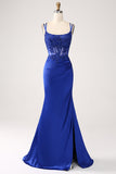 Corsé de sirena azul real vestido largo de fiesta con cuentas con abertura