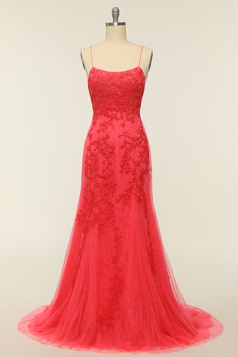 Coral Backless Vestido largo de fiesta con apliques