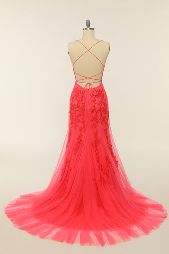 Coral Backless Vestido largo de fiesta con apliques
