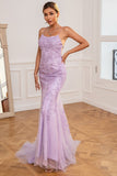 Vestido de fiesta larga de sirena púrpura claro con apliques