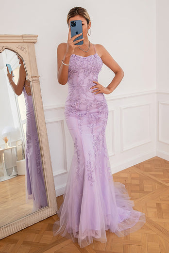Vestido de fiesta larga de sirena púrpura claro con apliques