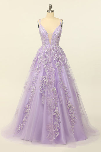 Purple Tirantes de Espagueti Vestido de fiesta con apliques