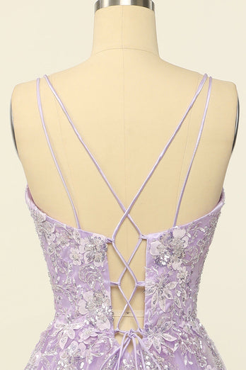 Purple Tirantes de Espagueti Vestido de fiesta con apliques