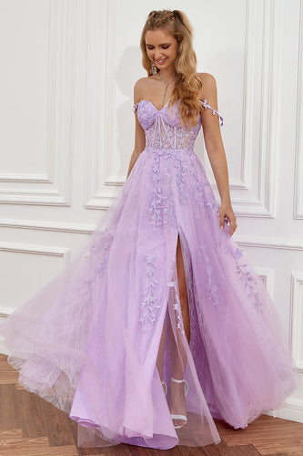 Vestido de fiesta largo púrpura fuera del hombro con apliques