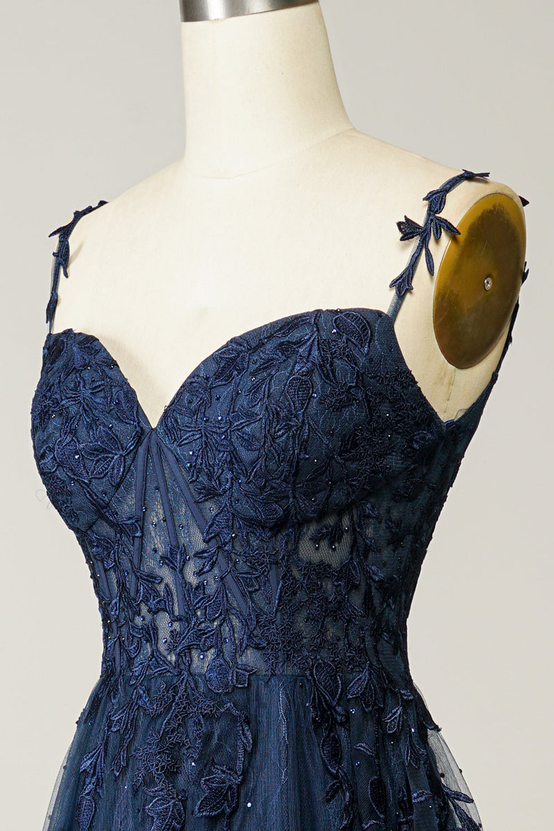 Cargar imagen en el visor de la galería, Tirantes de Espagueti Azul Marino Vestido de Fiesta