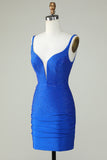 Bodycon Deep V Neck Royal Blue Short Homecoming Dress con abalorios