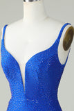 Bodycon Deep V Neck Royal Blue Short Homecoming Dress con abalorios