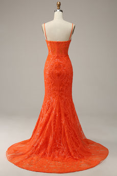 Sirena Tirantes de Espagueti Naranja Vestido de Fiesta