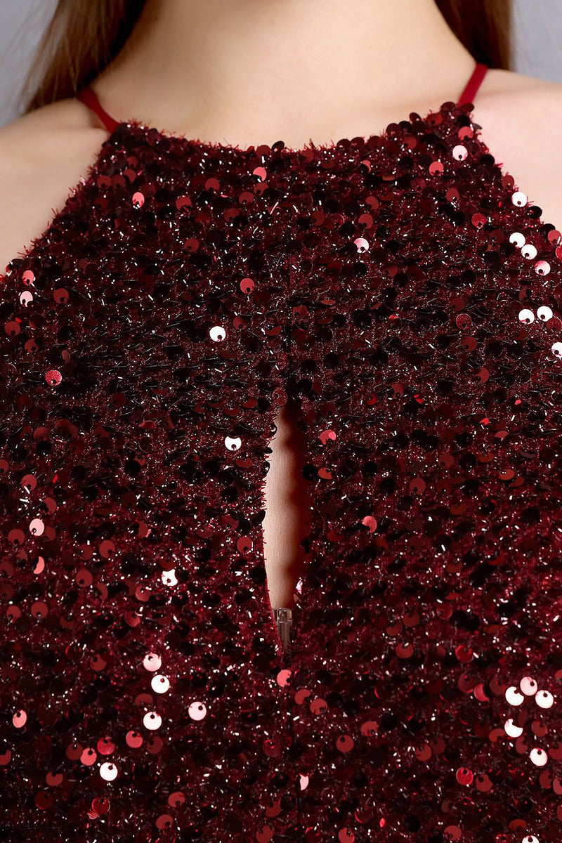 Cargar imagen en el visor de la galería, Vestido largo de lentejuelas de lentejuelas de color burdeos con abertura