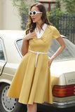 V Cuello Amarillo 1950s Vestido con Cinturón