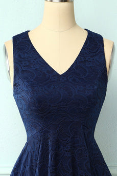 Vestido asimétrico de encaje cuello en V azul marino