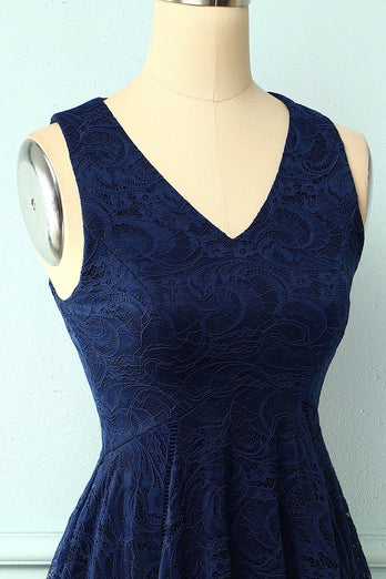 Vestido asimétrico de encaje cuello en V azul marino