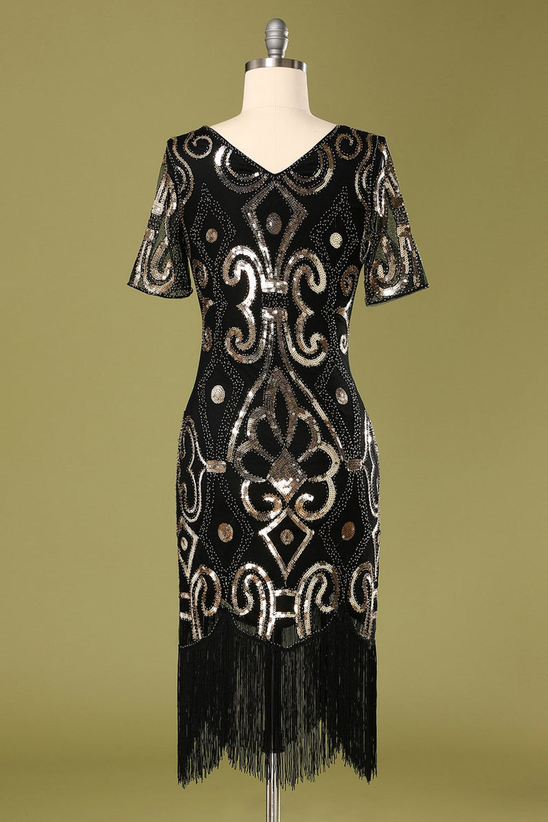 Cargar imagen en el visor de la galería, Vestido de aleta de lentejuelas negras de los años 20