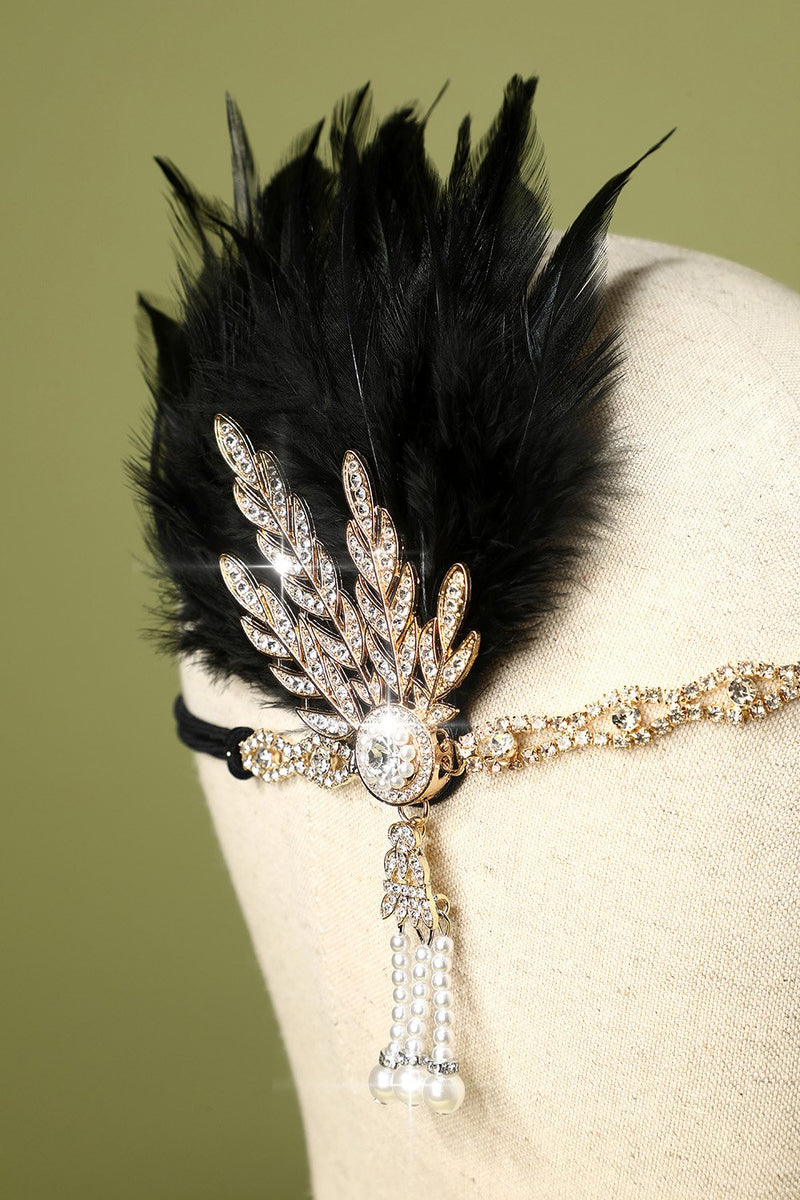 Cargar imagen en el visor de la galería, Diadema de plumas negras con cuentas de los años 20