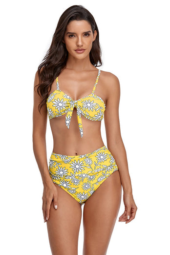 Bikini de cintura alta con nudos de corbata estampado