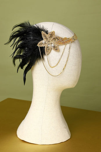 1920 Negro y pluma del oro con cuentas diadema