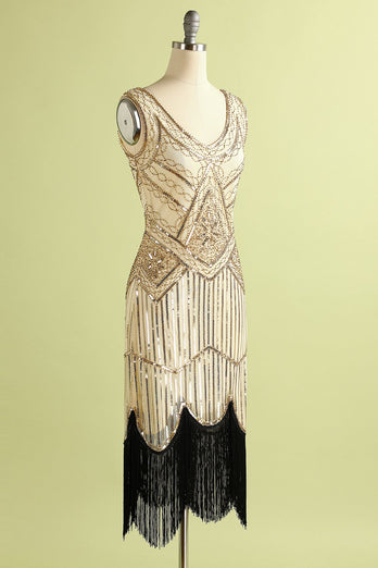 1920 Champagne vestido de las lentejuelas de la franja