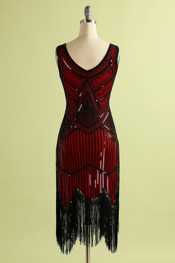 Rojo y Negro profundo cuello en V vestido de la aleta del 1920