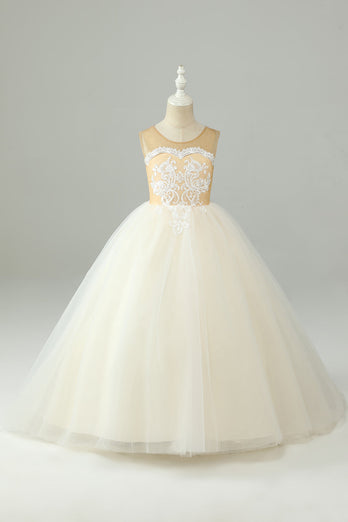 Champagne A Line Tulle Flower Girl Dress con lazo