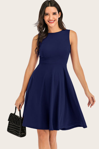Navy Solid Sleeveless 1950s Swing Dress
