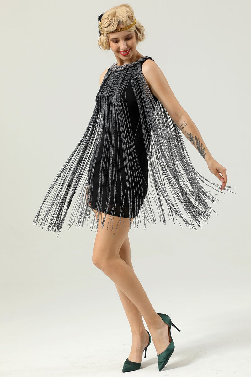 Cargar imagen en el visor de la galería, Vestido de cuello redondo con flecos negros de 1920