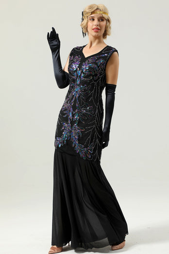 Lentejuelas largas negras 1920s Vestido de fiesta