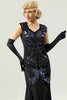 Cargar imagen en el visor de la galería, Lentejuelas largas negras 1920s Vestido de fiesta