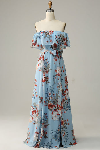 Vestido de dama de honor largo de gasa floral azul oscuro