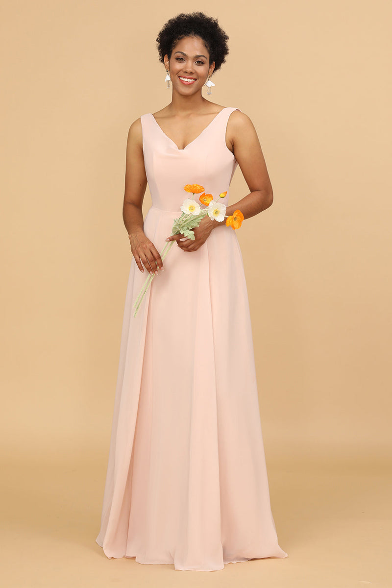 Cargar imagen en el visor de la galería, Escote A V Cuello Rosa Largo Vestido de Dama de Honor
