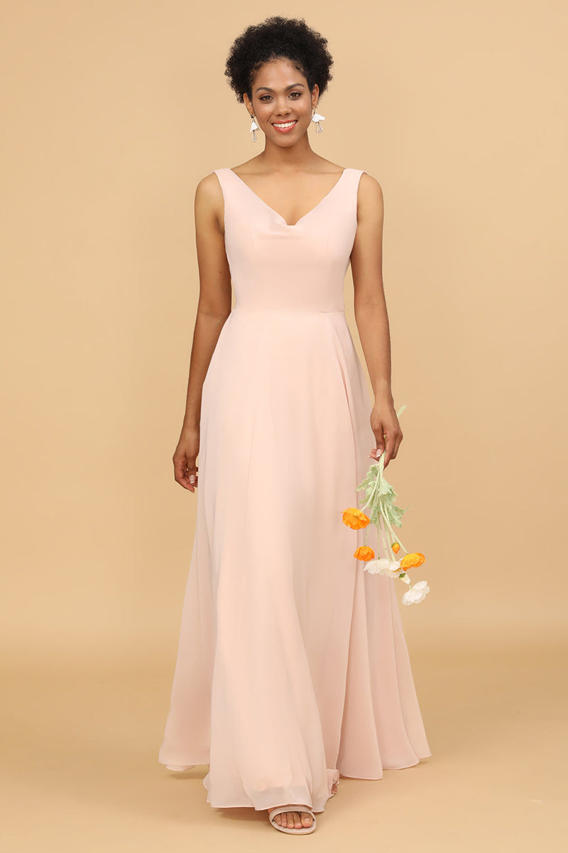 Cargar imagen en el visor de la galería, Escote A V Cuello Rosa Largo Vestido de Dama de Honor