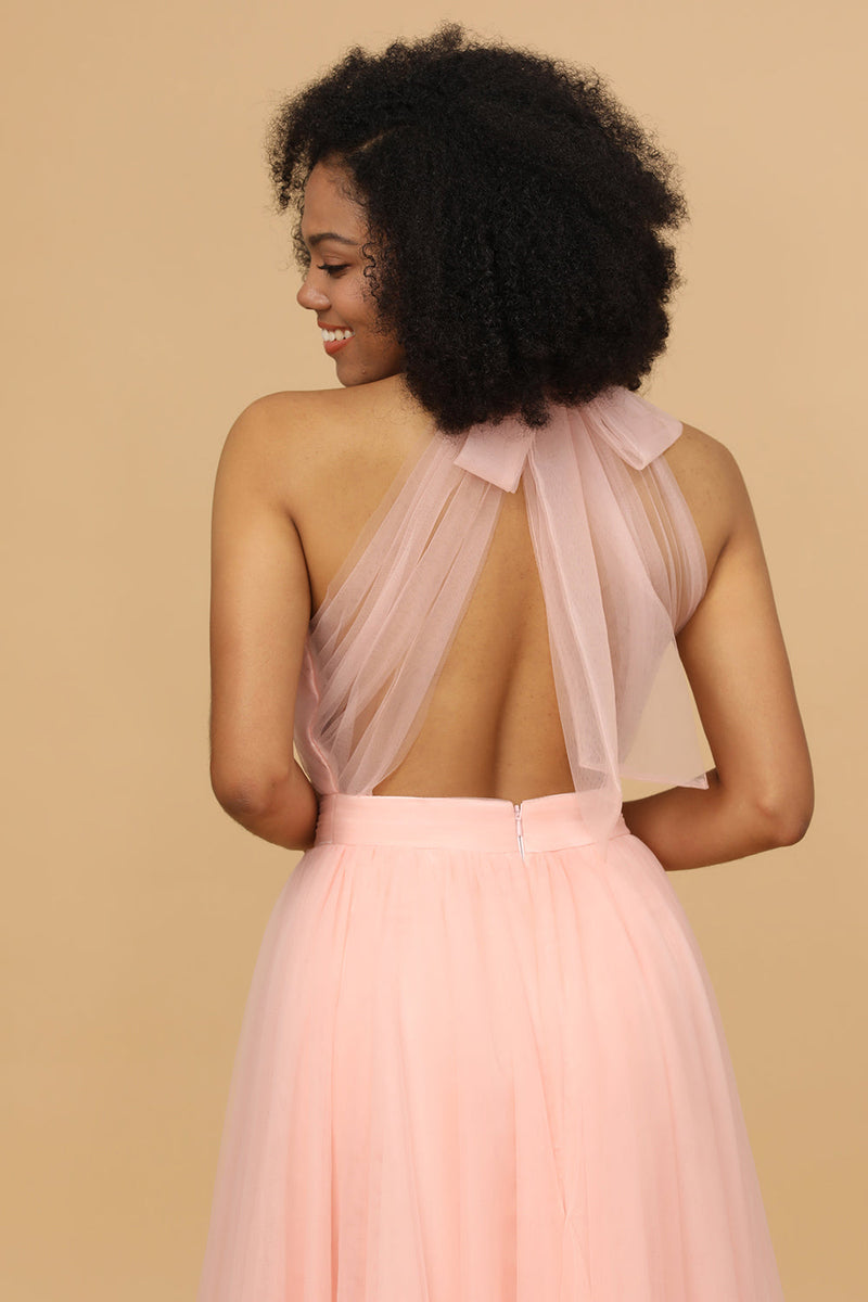 Cargar imagen en el visor de la galería, Escote A Halter Rosa Vestido largo de dama de honor