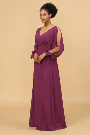Púrpura Mangas Largas Vestido de Dama de Honor