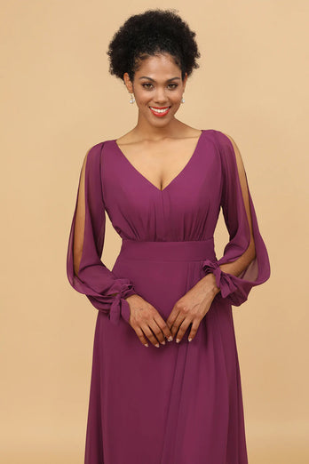 Púrpura Mangas Largas Vestido de Dama de Honor