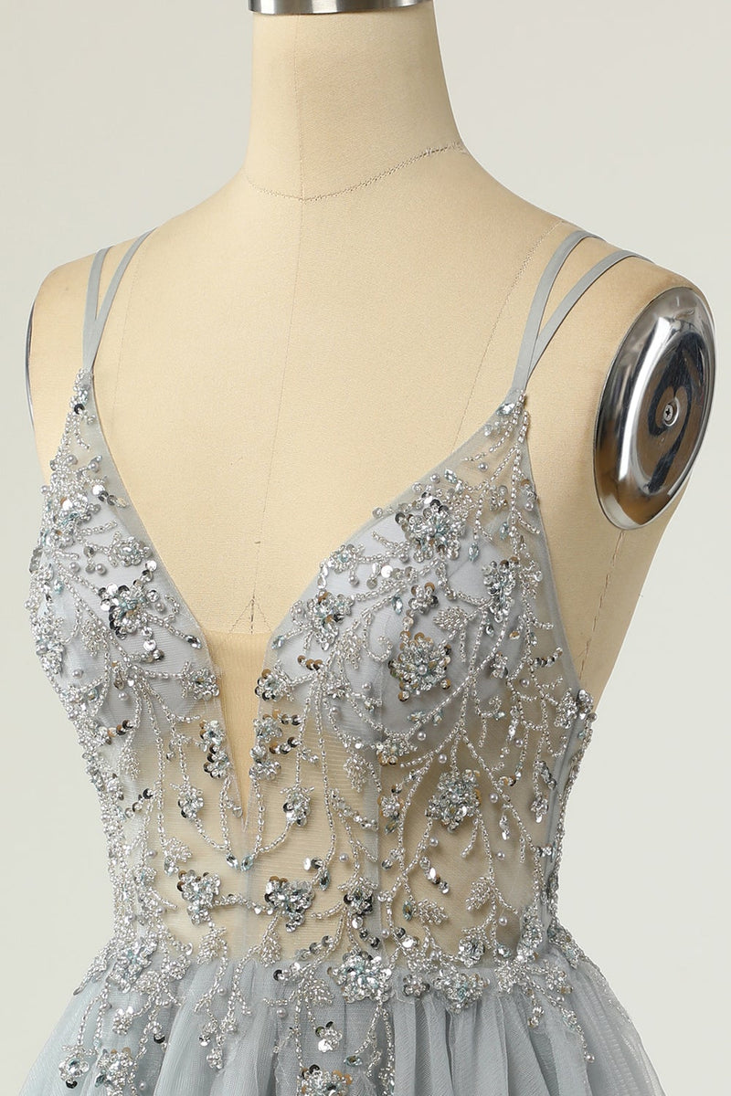 Cargar imagen en el visor de la galería, Precioso Vestido corto de regreso a casa gris con tirantes finos y pedrería
