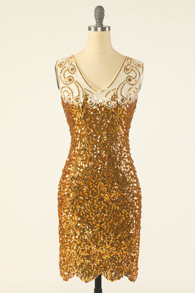 Cargar imagen en el visor de la galería, Vestido de lentejuelas doradas con cuello en V de la década de 1920