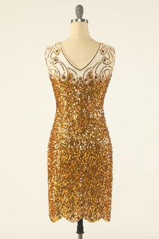 Vestido de lentejuelas doradas con cuello en V de la década de 1920