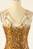 Cargar imagen en el visor de la galería, Vestido de lentejuelas doradas con cuello en V de la década de 1920