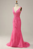 Sirena Cuello en V Rosa Vestido de Fiesta Con Espalda Abierta