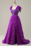 A Línea Escote Corazón Púrpura Vestido de Fiesta Con Plumas Abalorios
