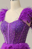 A Línea Escote Corazón Púrpura Vestido de Fiesta Con Plumas Abalorios