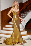 Vestido de fiesta de corsé dorado de sirena con abertura