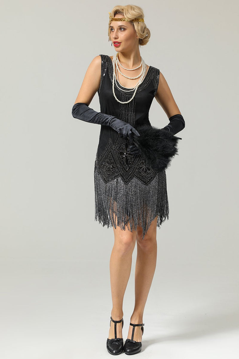 Cargar imagen en el visor de la galería, Negro 1920s vestido de solapa con lentejuelas