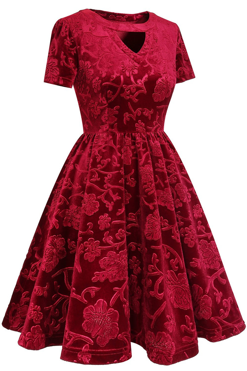 Cargar imagen en el visor de la galería, Borgoña Manga Corta Velvet Party Dress