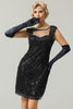 Cargar imagen en el visor de la galería, Negro 1920s vestido de solapa con lentejuelas