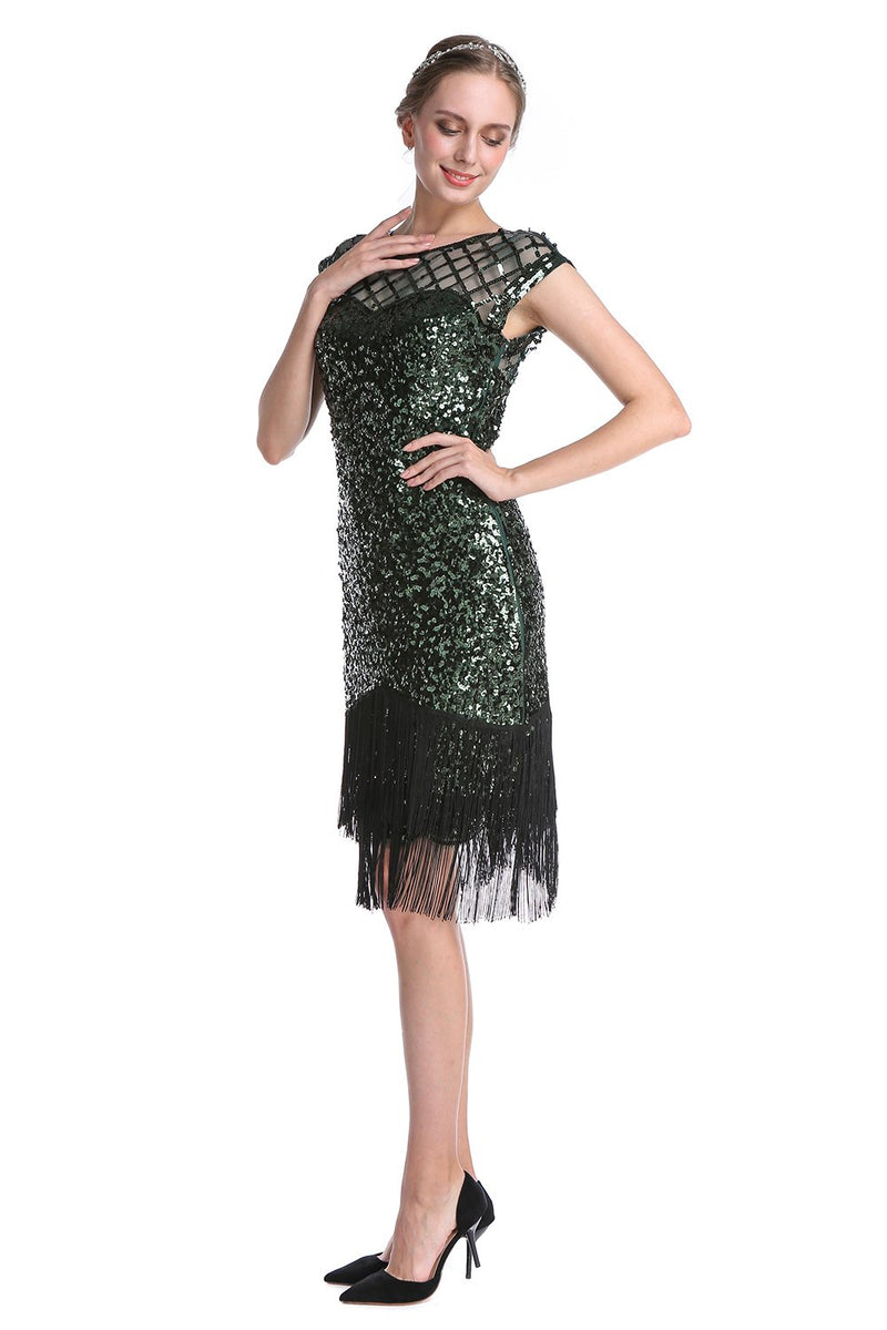 Cargar imagen en el visor de la galería, Vestido de lentejuelas verde oscuro de la década de 1920