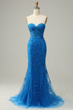 Sirena Azul Real Escote Corazón Vestido de Fiesta