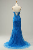 Sirena Azul Real Escote Corazón Vestido de Fiesta
